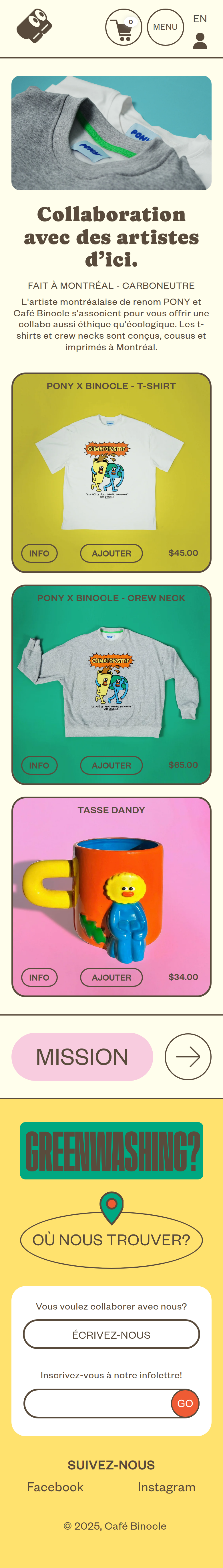 Boutique page of Café Binocle, on a phone