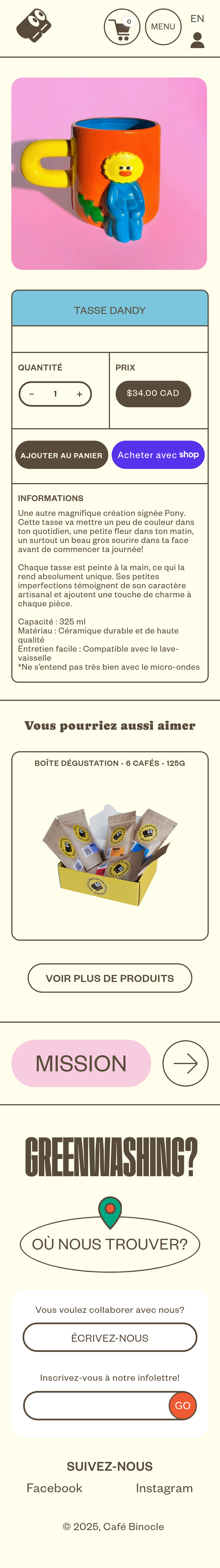 Tasse Dandy page of Café Binocle, on a phone