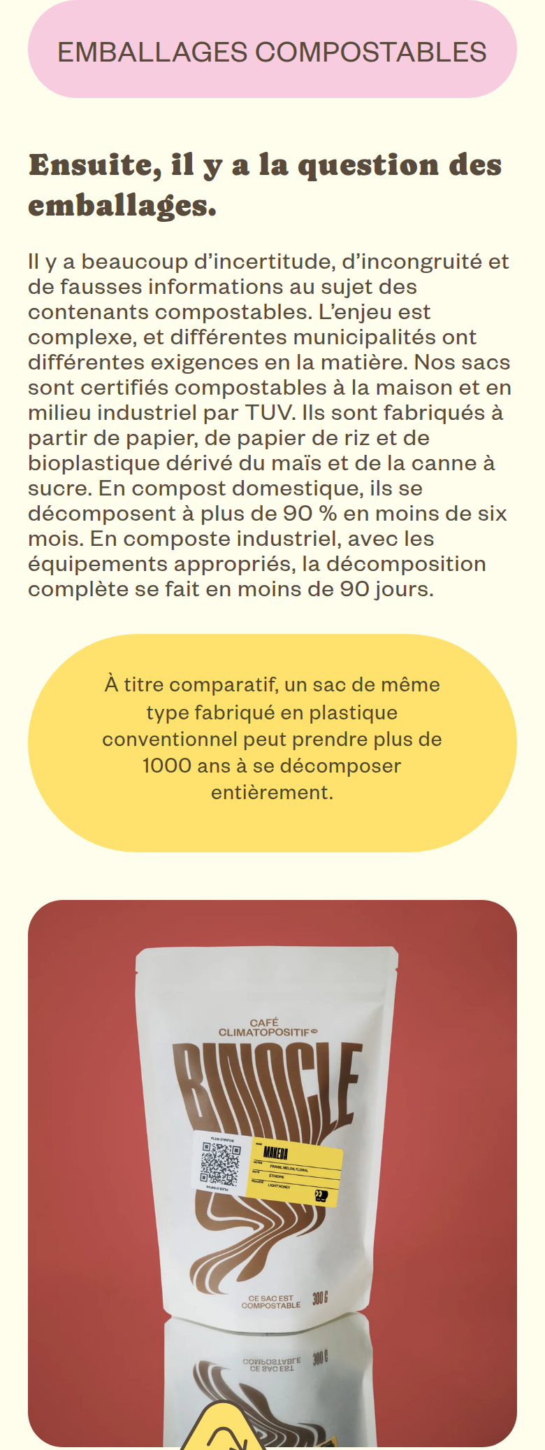 Emballages Compostables section from Café Binocle, on a phone