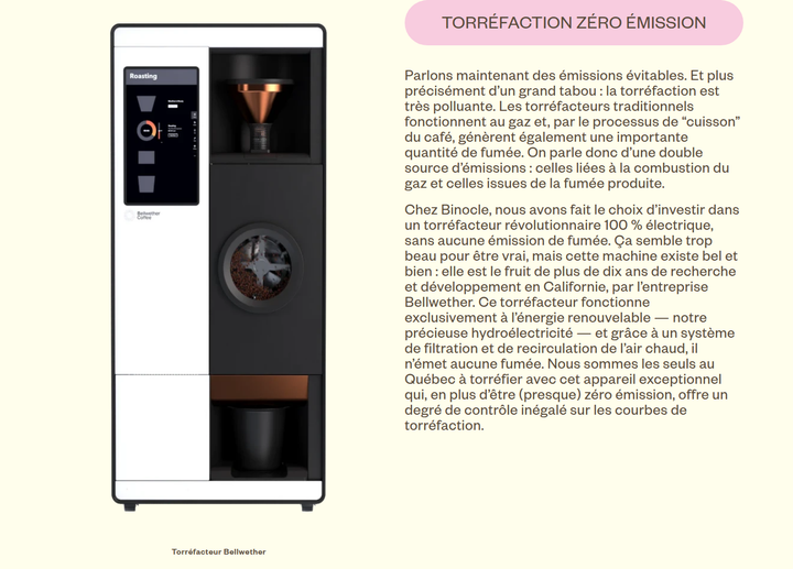 Torréfaction Zéro Émission section from Café Binocle