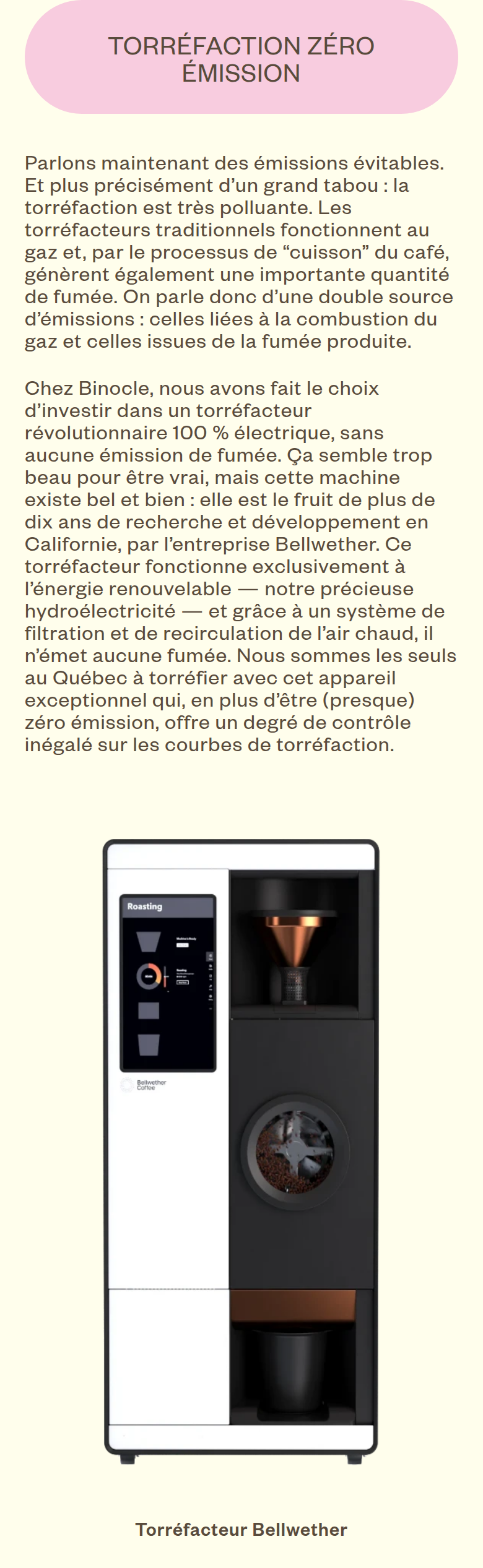 Torréfaction Zéro Émission section from Café Binocle, on a phone