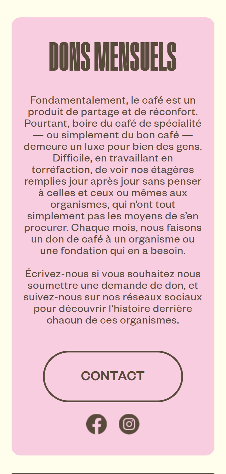 Dons Mensuels section from Café Binocle, on a phone