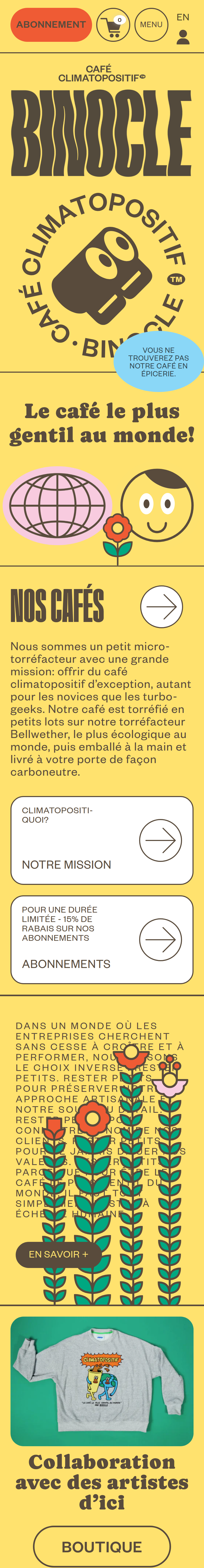 Home page of the Café Binocle website, on a phone