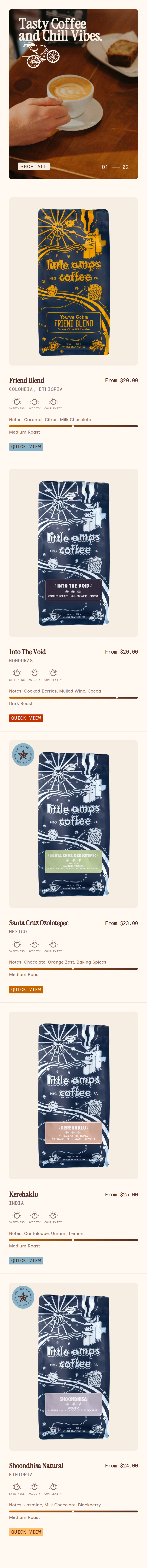 Tasty Coffee and Chill Vibes section from Little Amps Coffee, on a phone