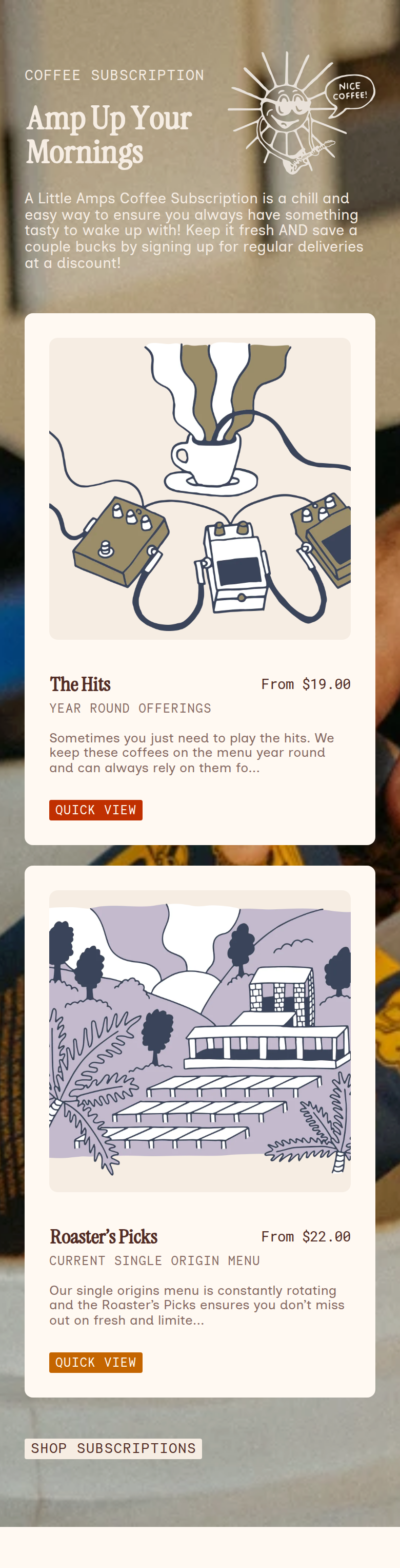 Amp Up Your Mornings section from Little Amps Coffee, on a phone