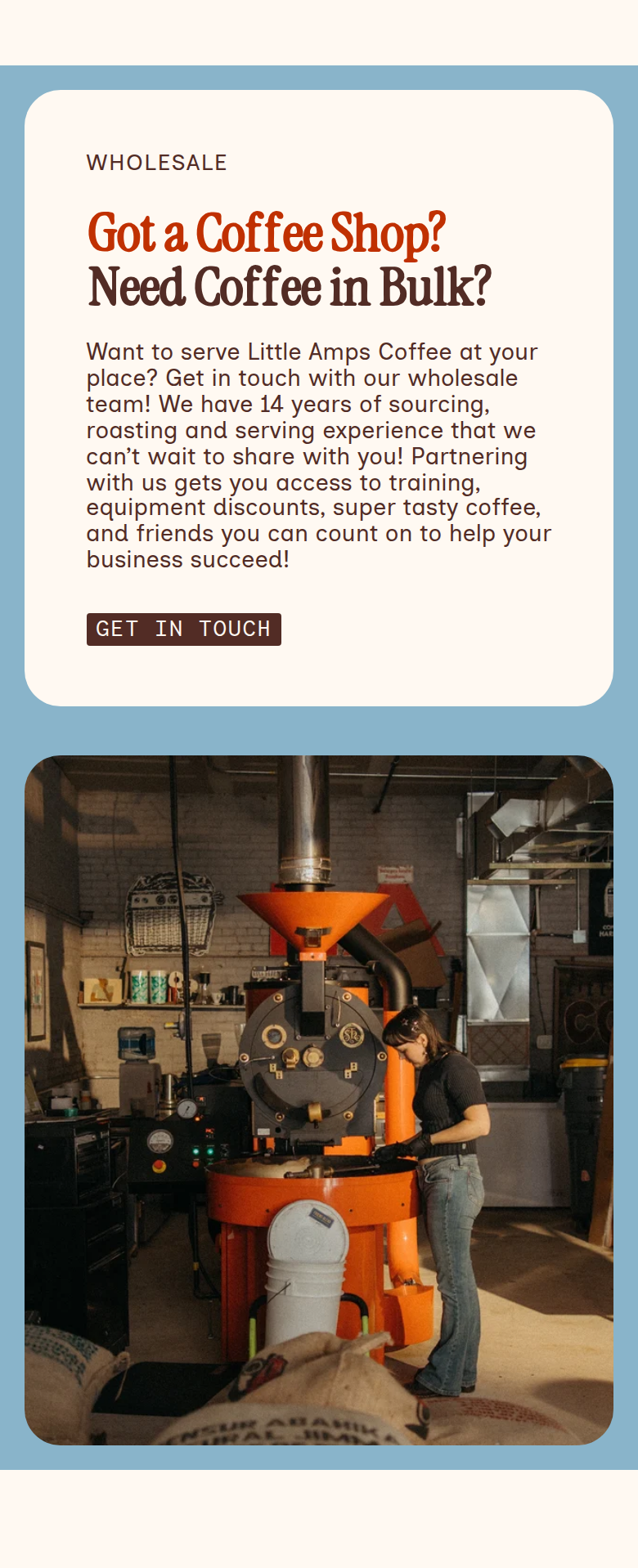 Got a Coffee Shop? Need Coffee in Bulk? section from Little Amps Coffee, on a phone