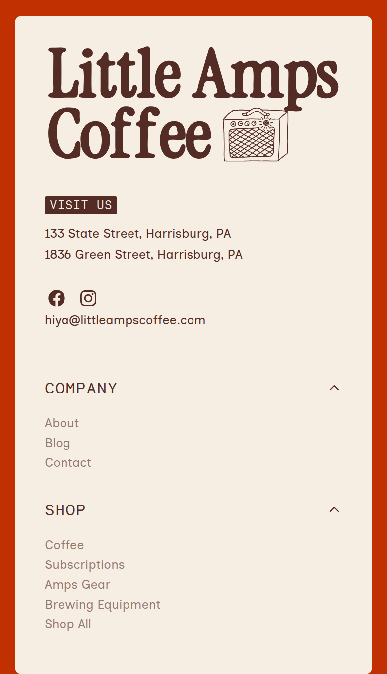 Footer section from Little Amps Coffee, on a phone