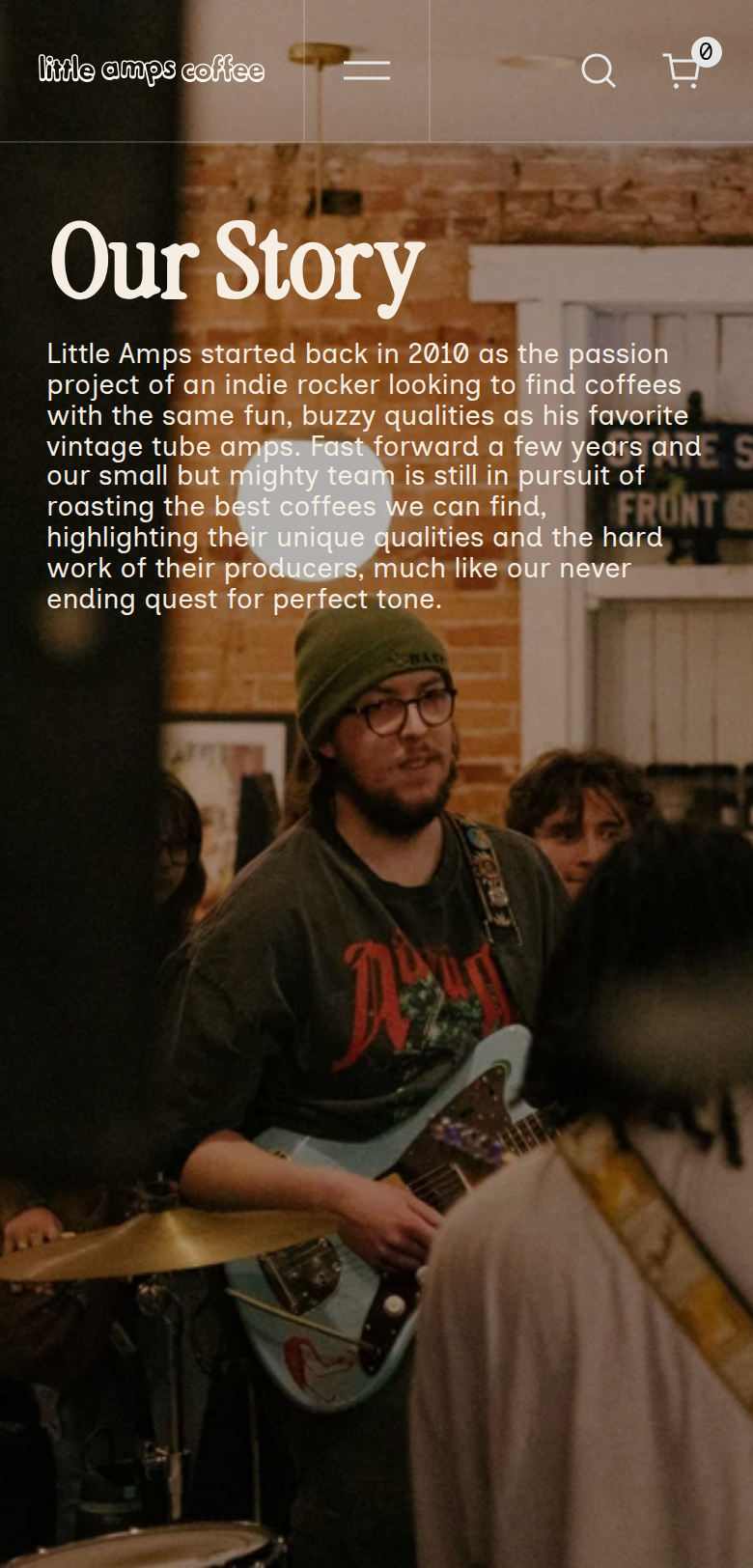 Our Story section from Little Amps Coffee, on a phone