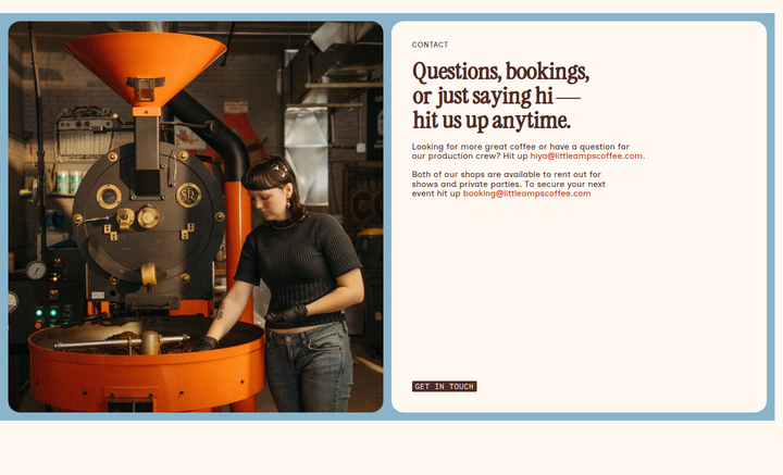 Questions, Bookings, or Just Saying Hi section from Little Amps Coffee