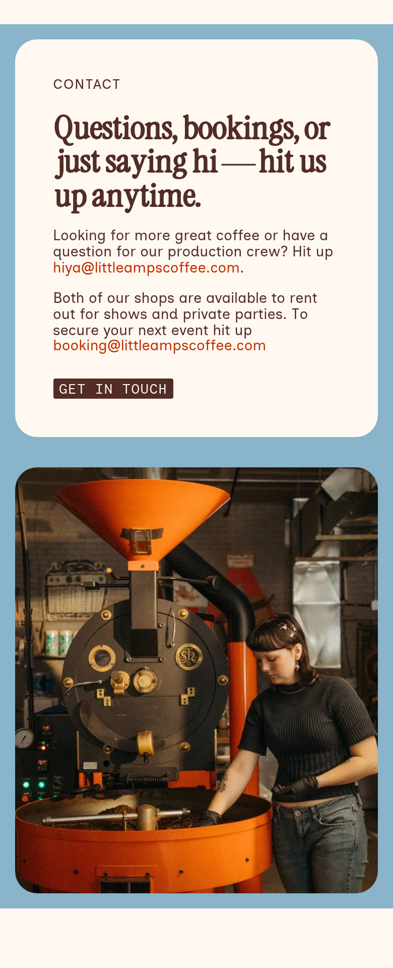 Questions, Bookings, or Just Saying Hi section from Little Amps Coffee, on a phone