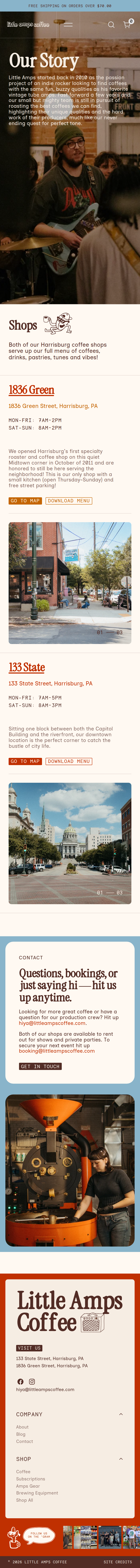 About page of Little Amps Coffee, on a phone