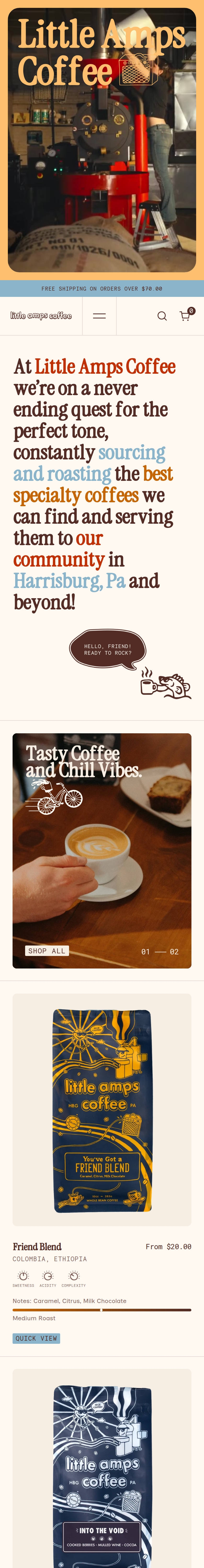 Home page of the Little Amps Coffee website, on a phone