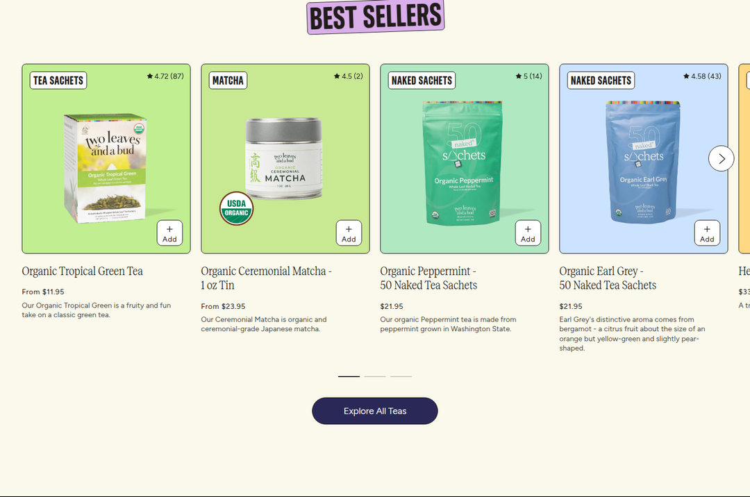 Best Sellers section from Two Leaves and a Bud