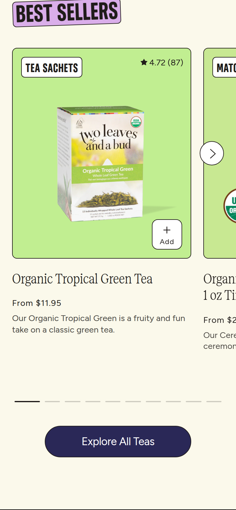 Best Sellers section from Two Leaves and a Bud, on a phone