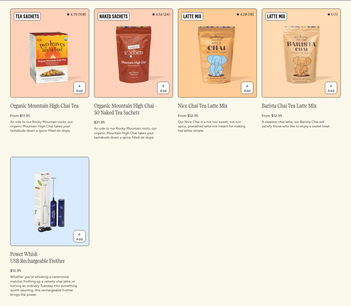 Chai Teas and Latte Mixes section from Two Leaves and a Bud