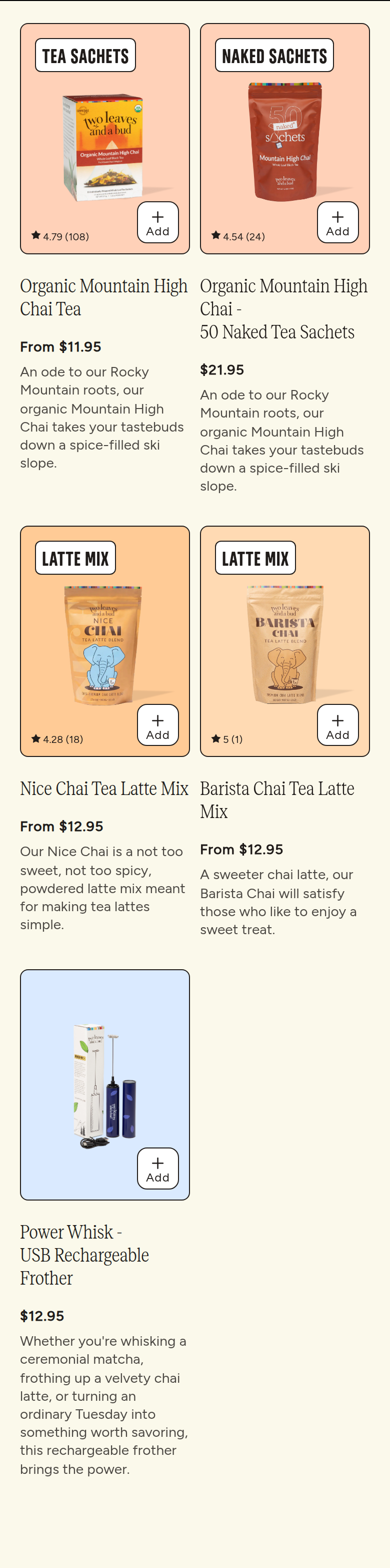 Chai Teas and Latte Mixes section from Two Leaves and a Bud, on a phone