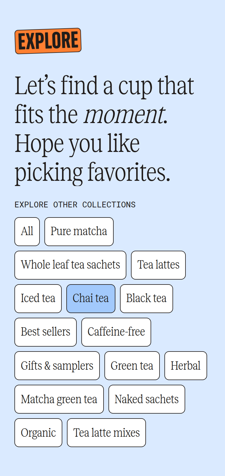 Let's Find a Cup That Fits the Moment section from Two Leaves and a Bud, on a phone
