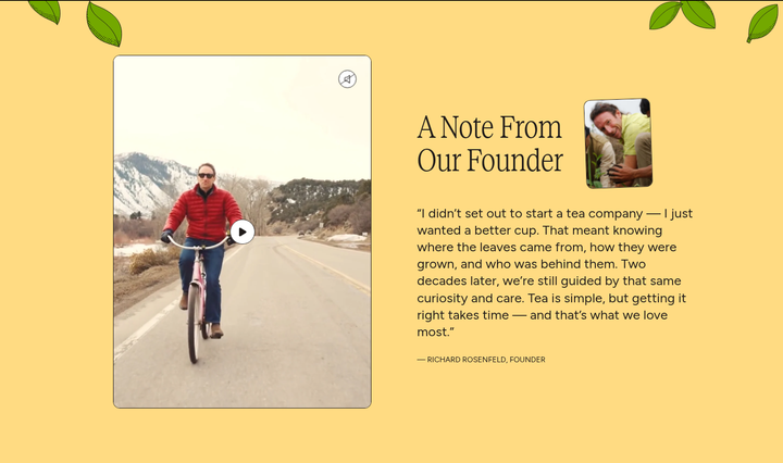 A Note From Our Founder section from Two Leaves and a Bud