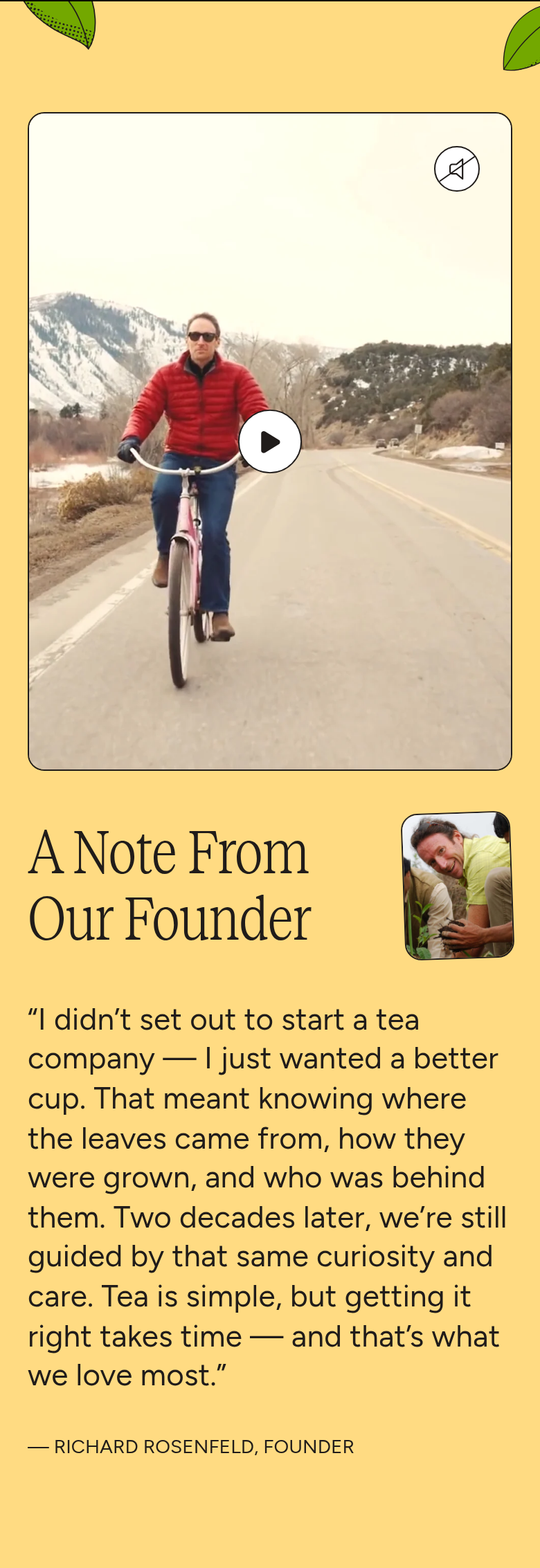 A Note From Our Founder section from Two Leaves and a Bud, on a phone