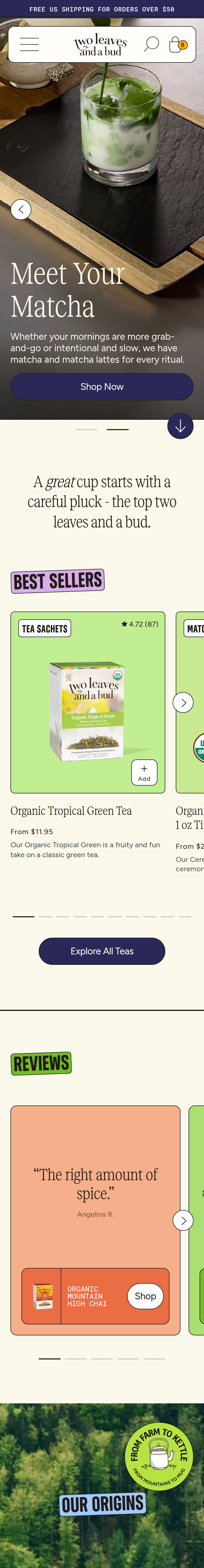 Home page of the Two Leaves and a Bud website, on a phone