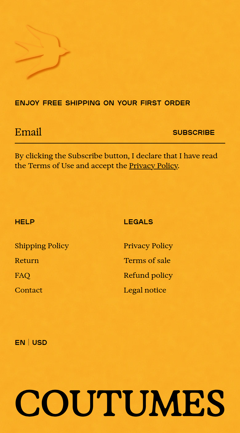 Footer section from Coutumes, on a phone