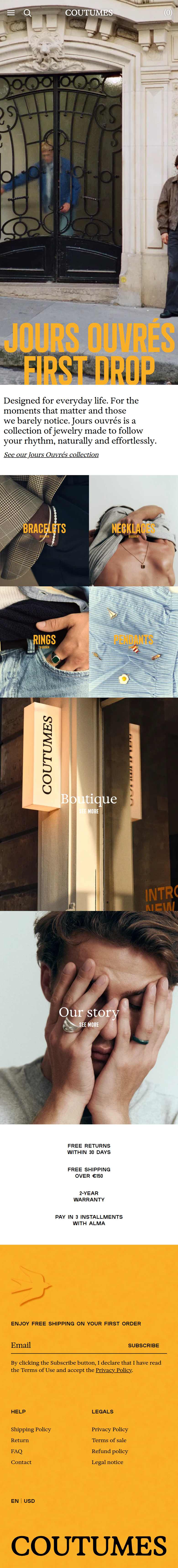 Home page of Coutumes, on a phone