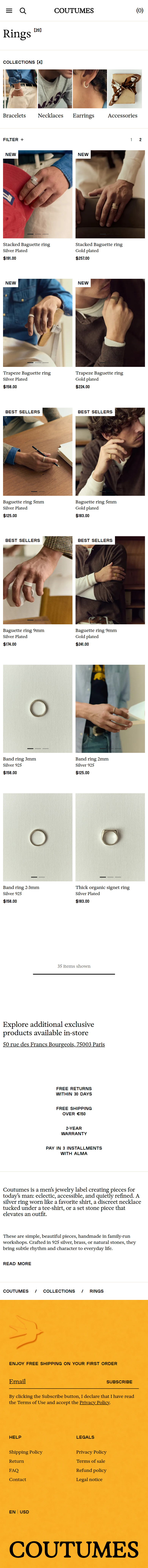 Rings page of Coutumes, on a phone