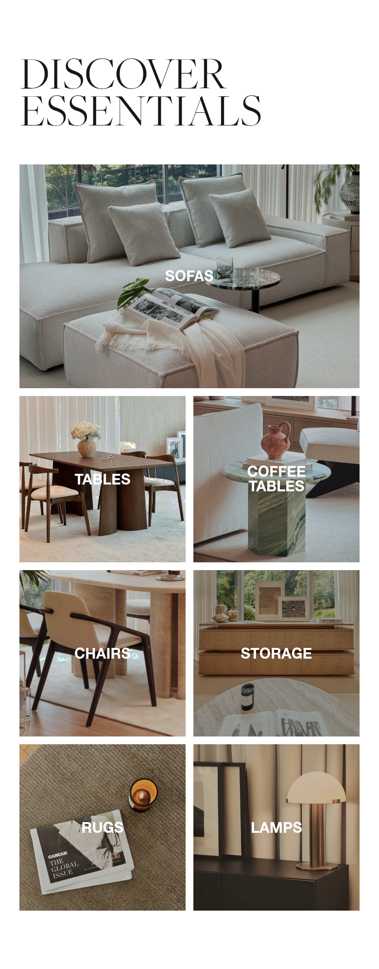 Discover Essentials section from CANCAN Furnishings, on a phone