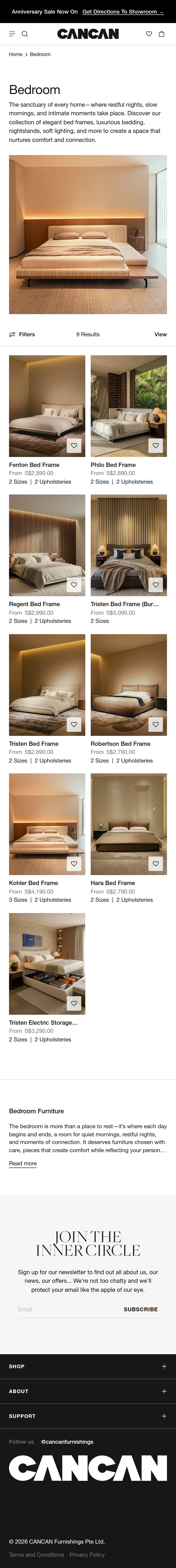 Bedroom page of CANCAN Furnishings, on a phone