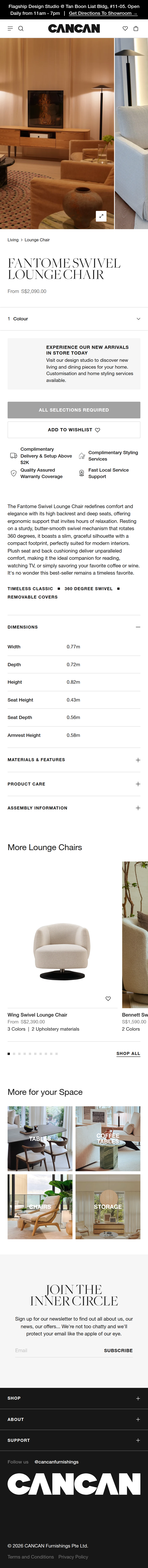 Fantome Swivel Lounge Chair page of CANCAN Furnishings, on a phone