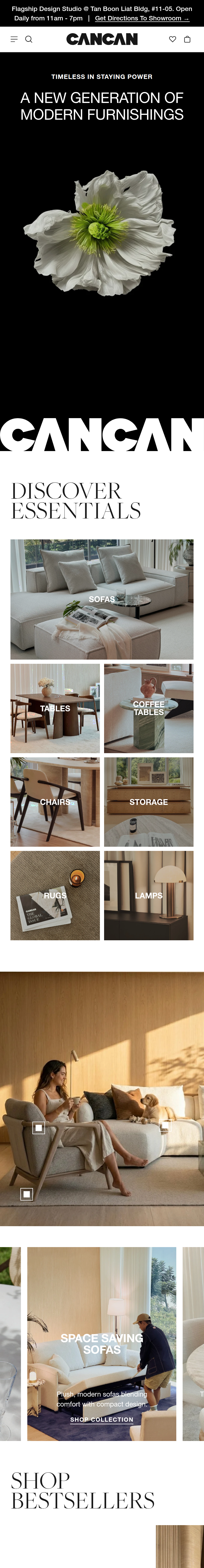 Home page of the CANCAN Furnishings website, on a phone