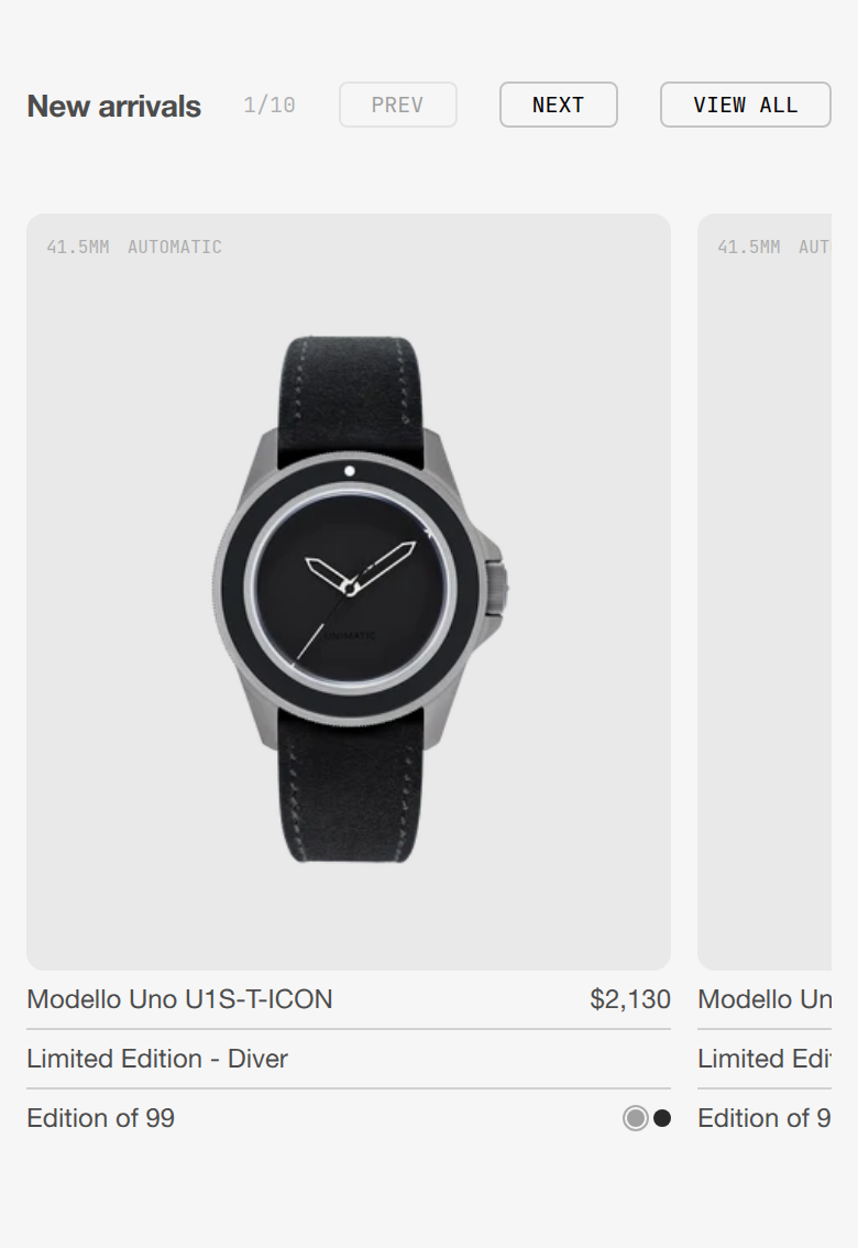New Arrivals section from Unimatic, on a phone