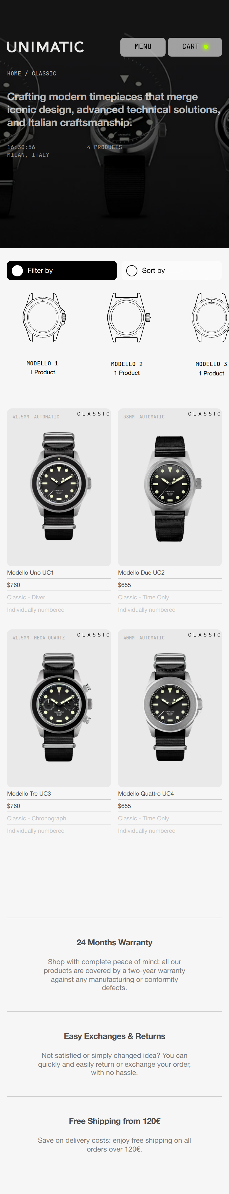 Classic Collection section from Unimatic, on a phone