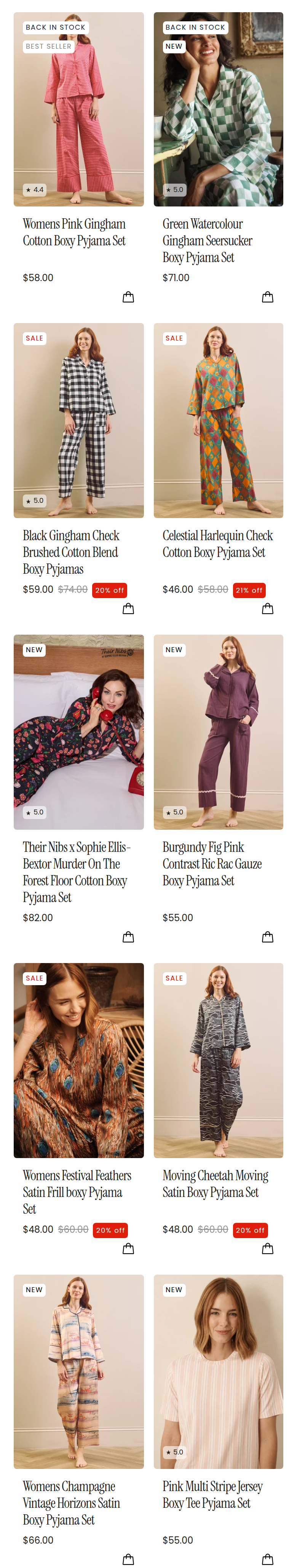 Boxy Pyjama Sets section from Their Nibs, on a phone