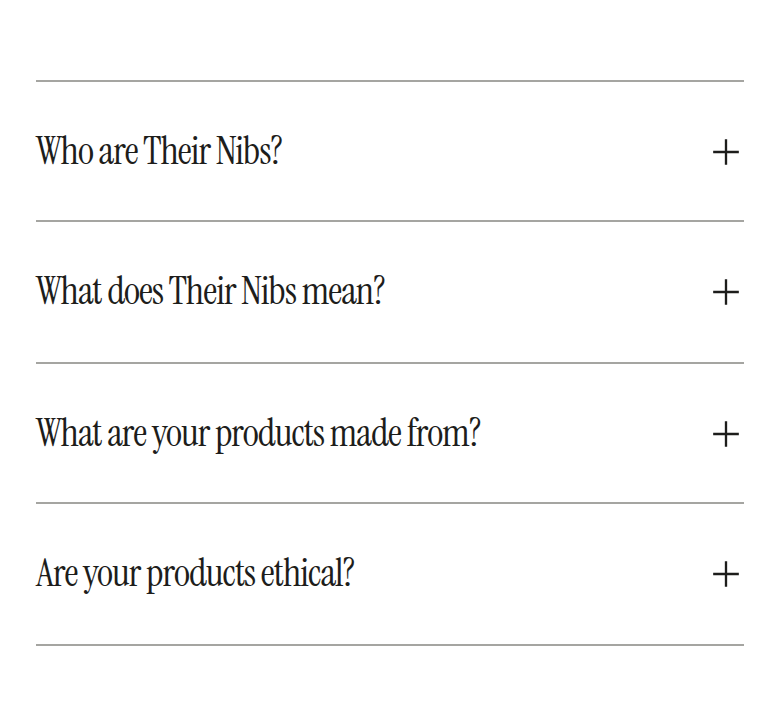 FAQs section from Their Nibs, on a phone