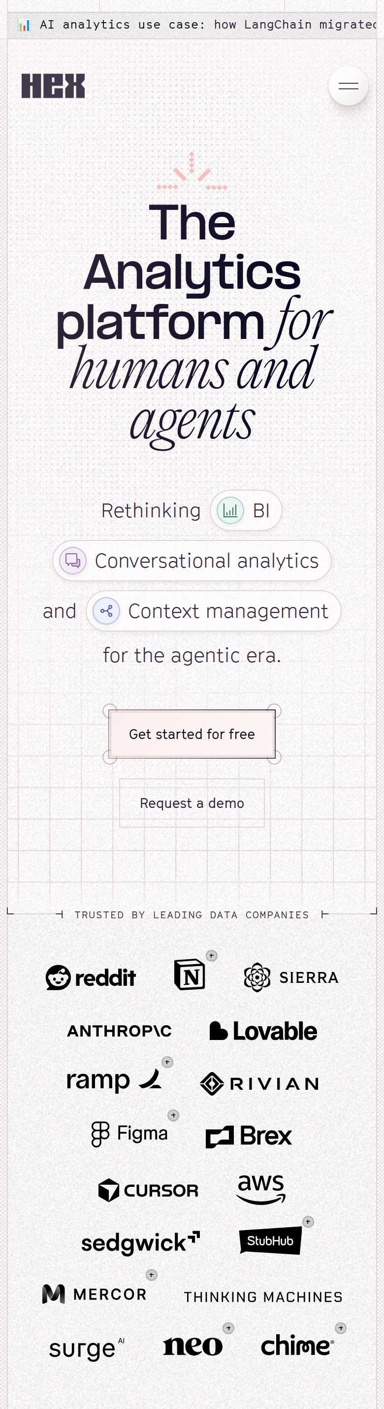 The Analytics Platform for Humans and Agents section from Hex, on a phone