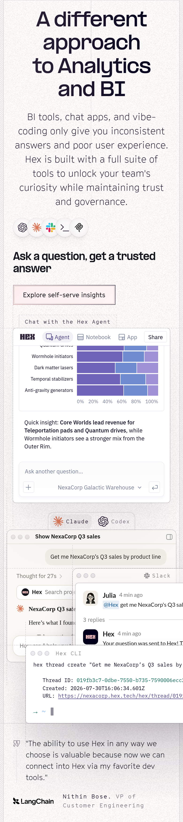 A Different Approach to Analytics and BI section from Hex, on a phone