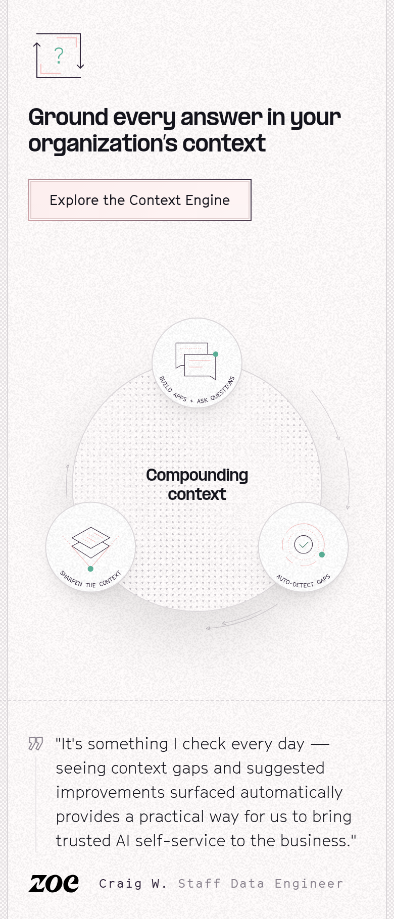 Ground Every Answer in Your Organization's Context section from Hex, on a phone