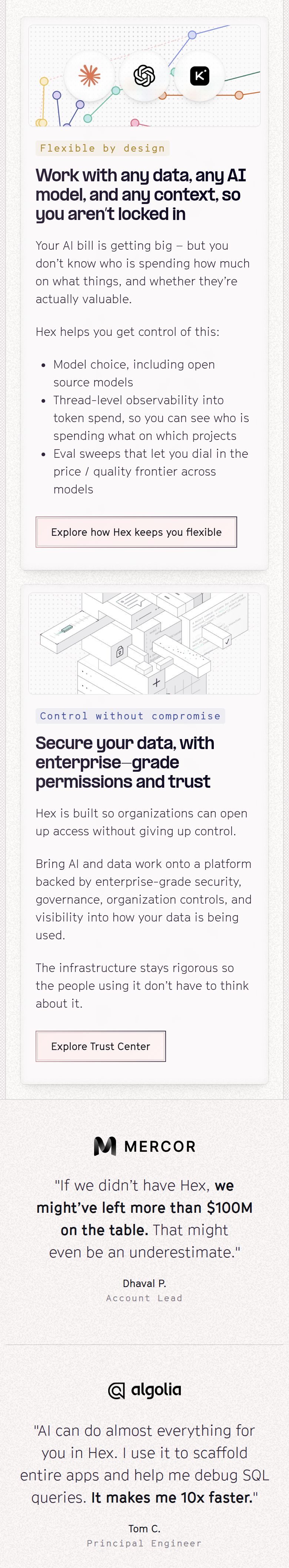 Work With Any Data, Secure Your Data section from Hex, on a phone
