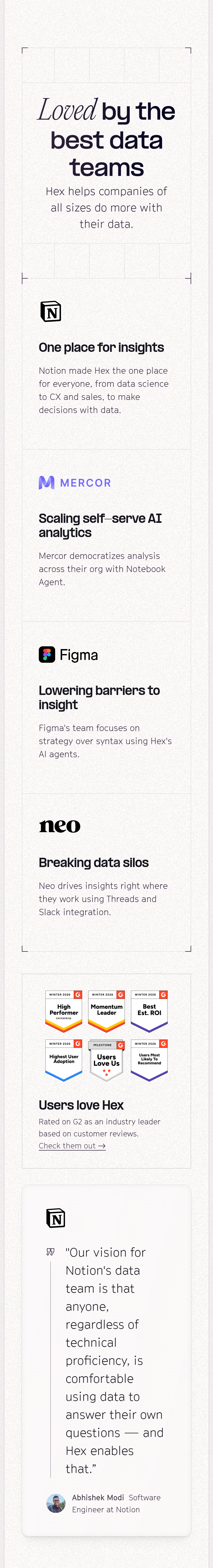 Loved by the Best Data Teams section from Hex, on a phone