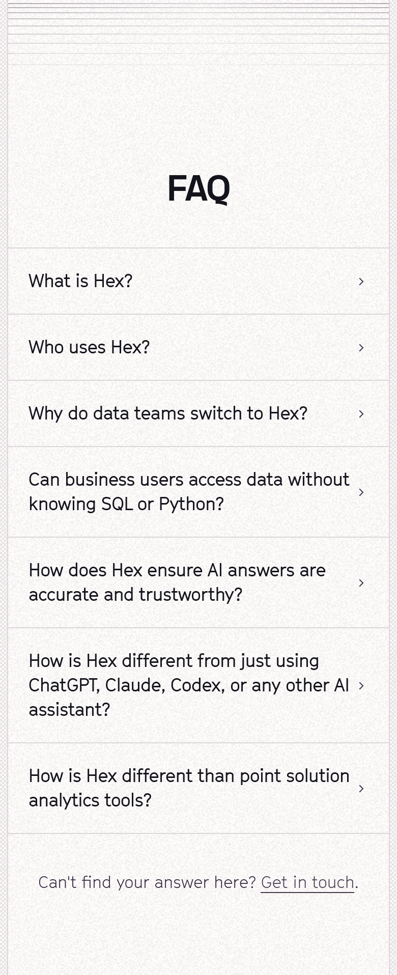 FAQ section from Hex, on a phone