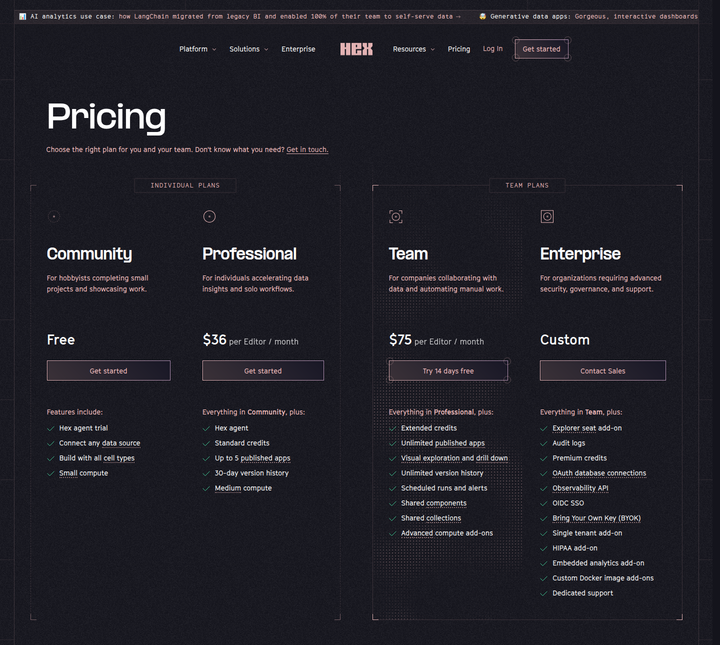 Pricing section from Hex