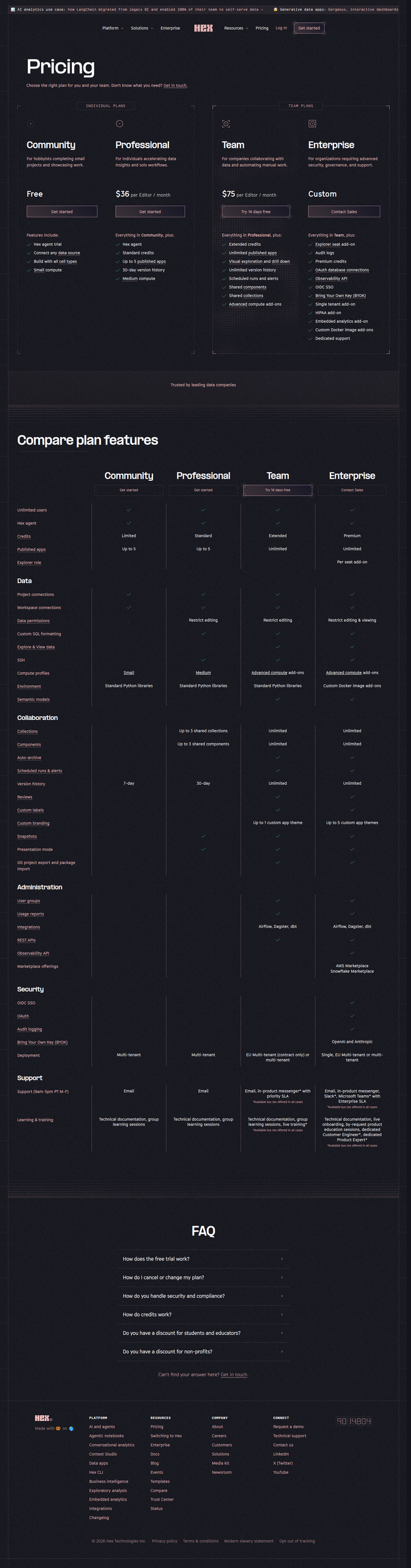 Pricing page from Hex