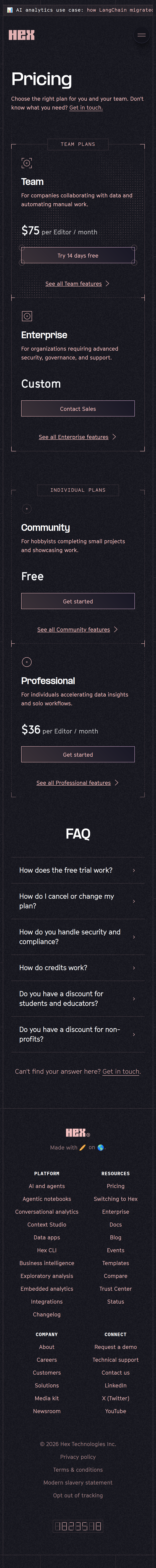 Pricing page of Hex, on a phone