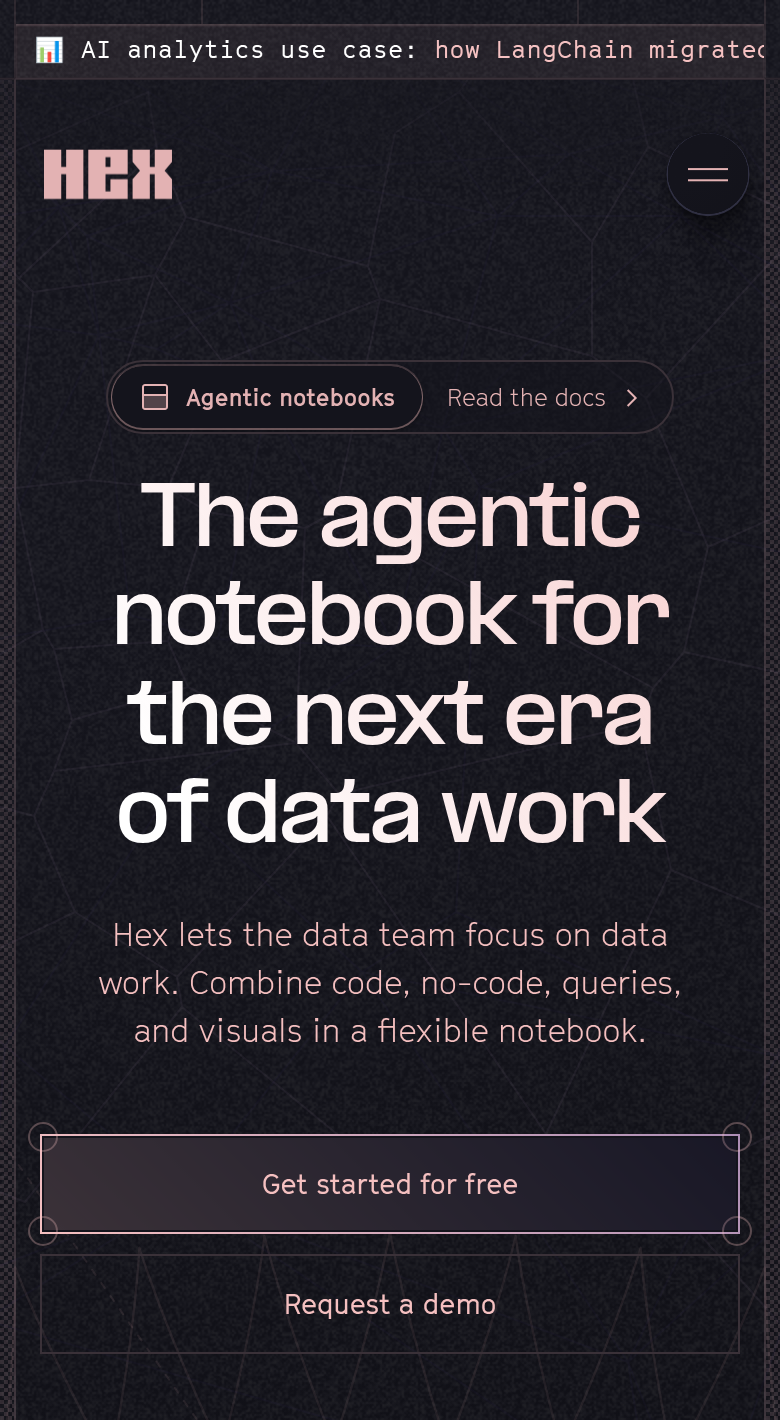 The Agentic Notebook for the Next Era of Data Work section from Hex, on a phone