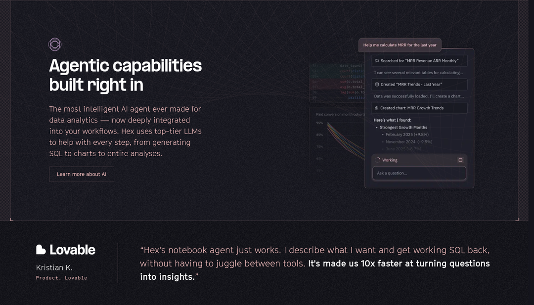 Agentic Capabilities Built Right In section from Hex