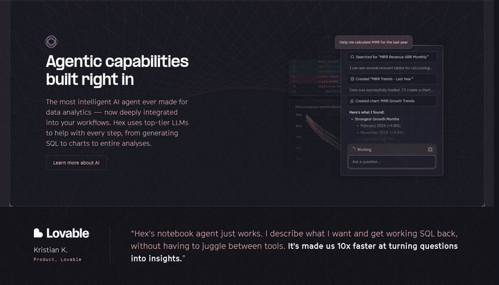 Agentic Capabilities Built Right In section from Hex