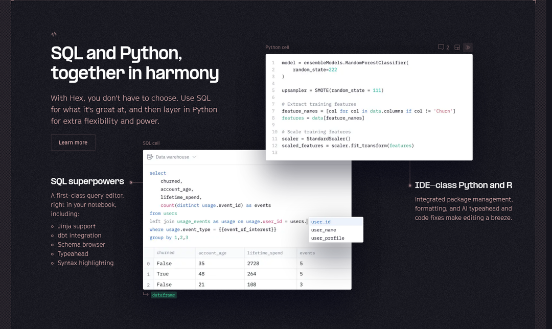 SQL and Python, Together in Harmony section from Hex