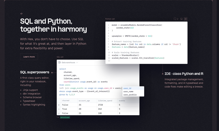 SQL and Python, Together in Harmony section from Hex