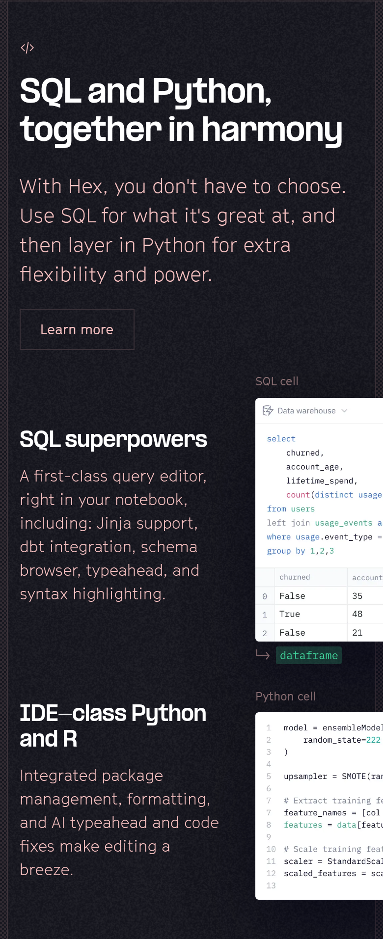 SQL and Python, Together in Harmony section from Hex, on a phone